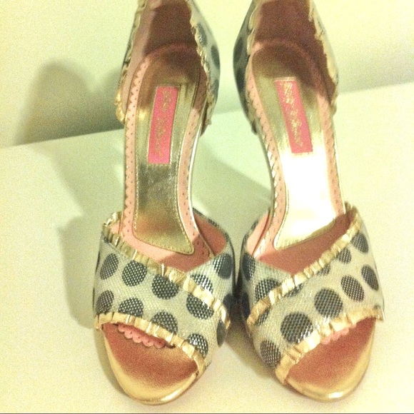 Betsey Johnson Open Toe Pumps Polka Dot Gold - Picture 5 of 7